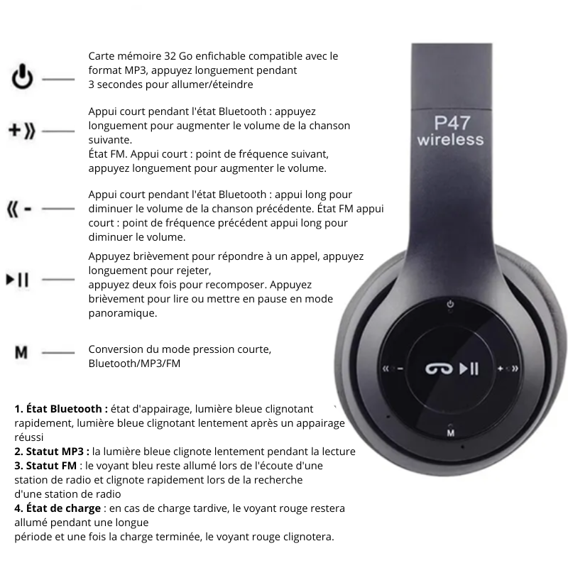 Casque bluetooth sans fil audio stéréo écouteurs portables – Image 5